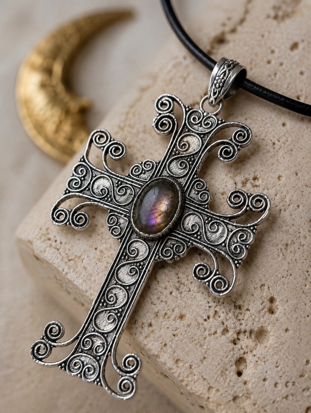 925 Sterling Purple Flash Labradorite Cross Pendant Leather Cord Whimsigoth